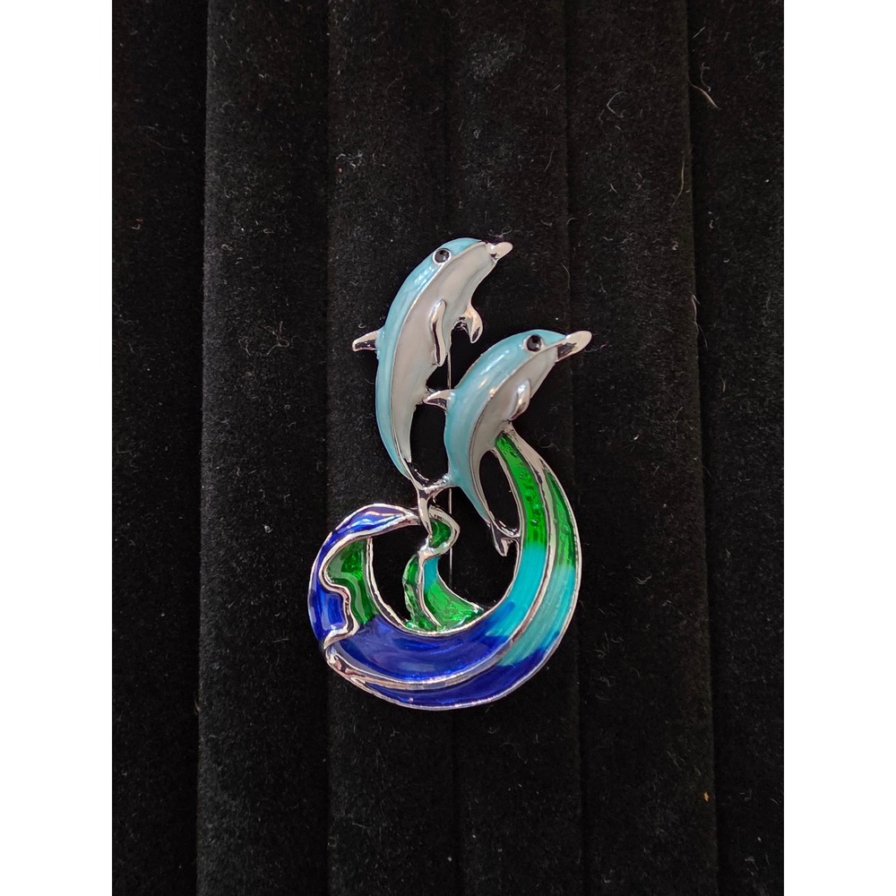 Silver Tone Blue Green Enamel Double Dolphin Ocean Wave Brooch Pin Nautical